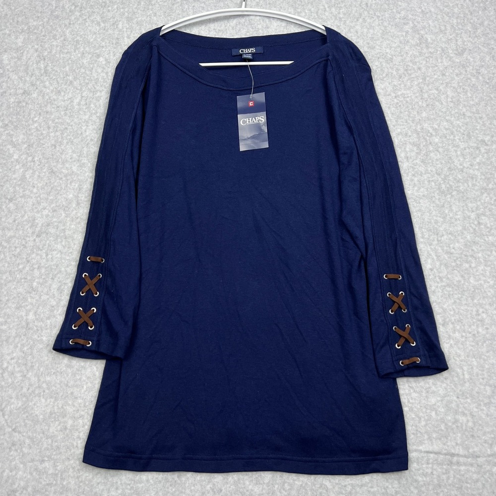 CHAPS Top Women's XL Ranch Side Blue Boat Neck Lace Sleeves Pullover Tunic Shirt